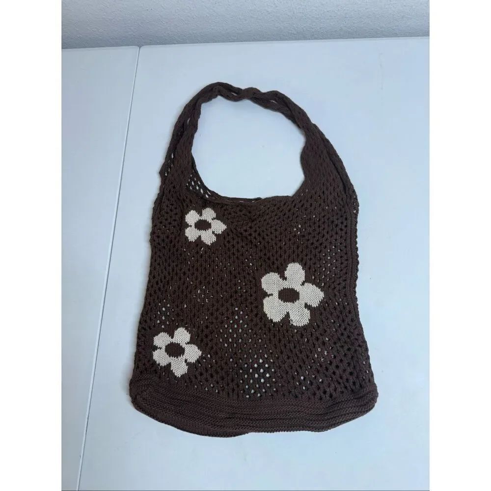 Urban Outfitters Brown Crochet Tote Bag Floral Trim